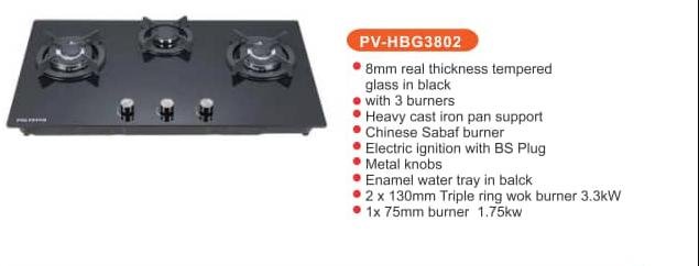 Kitchen cooker tempered glass panel induction hob with 3 burners gas stove gas cooker PV-HBG3802