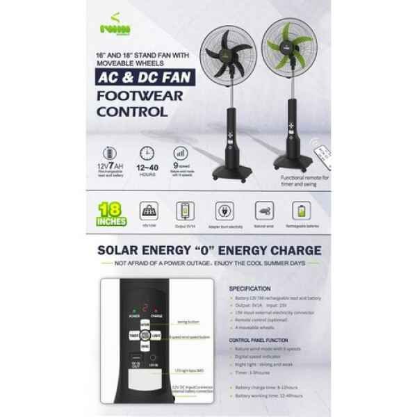 IWIN ENERGY 18 Inches Rechargeable Solar AC&DC Standing Fan